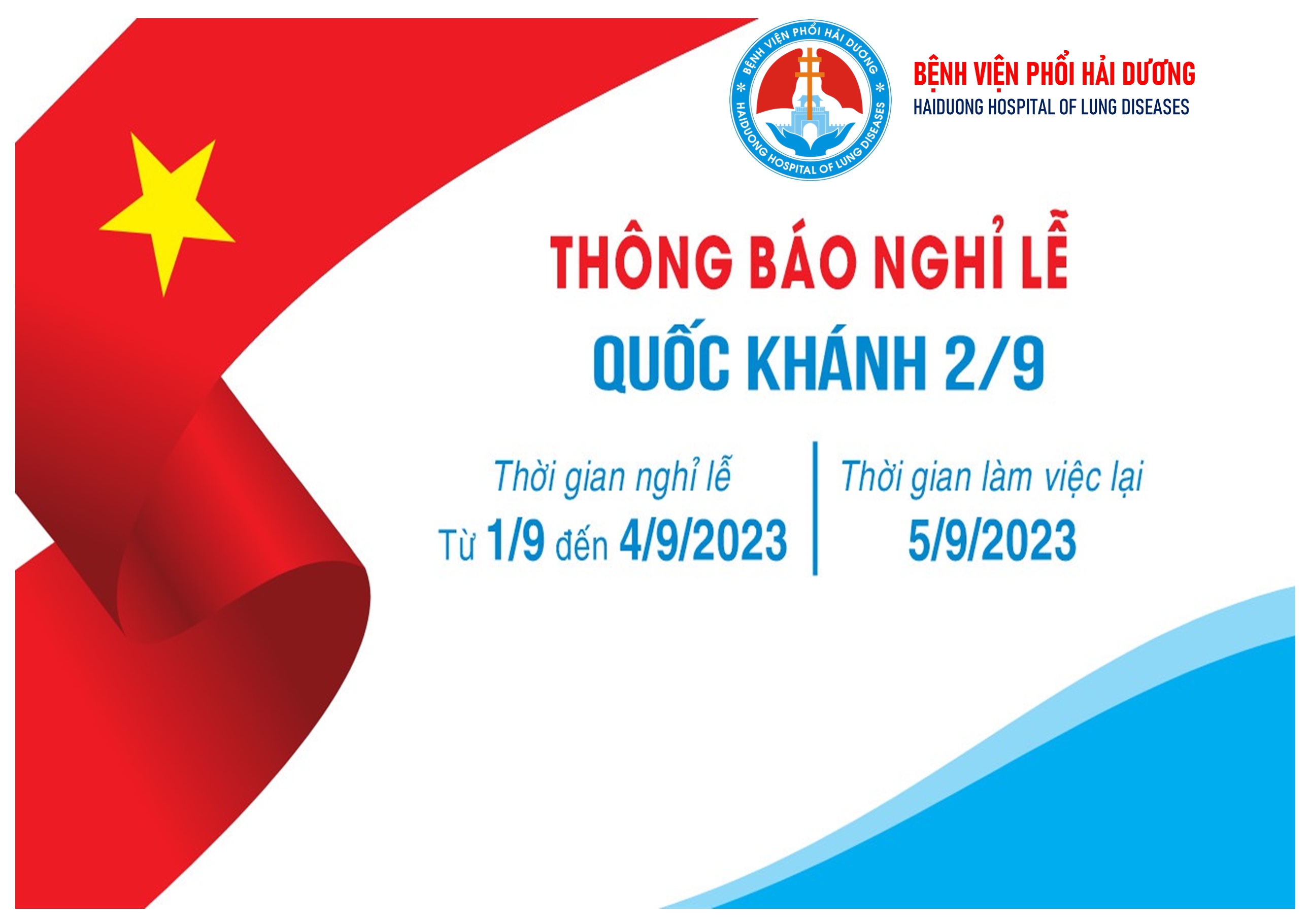 Bệnh viện Phổi Hải Dương thông báo lịch nghỉ lễ Quốc Khánh 2/9/2023
