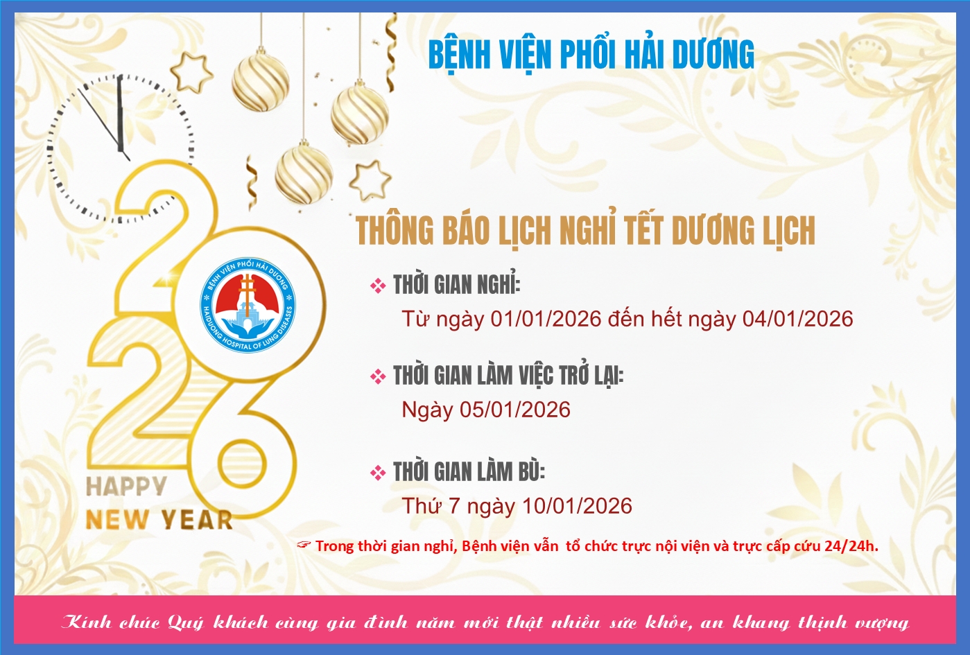 Bệnh viện Phổi Hải Dương thông báo lịch nghỉ Tết Dương lịch 2026